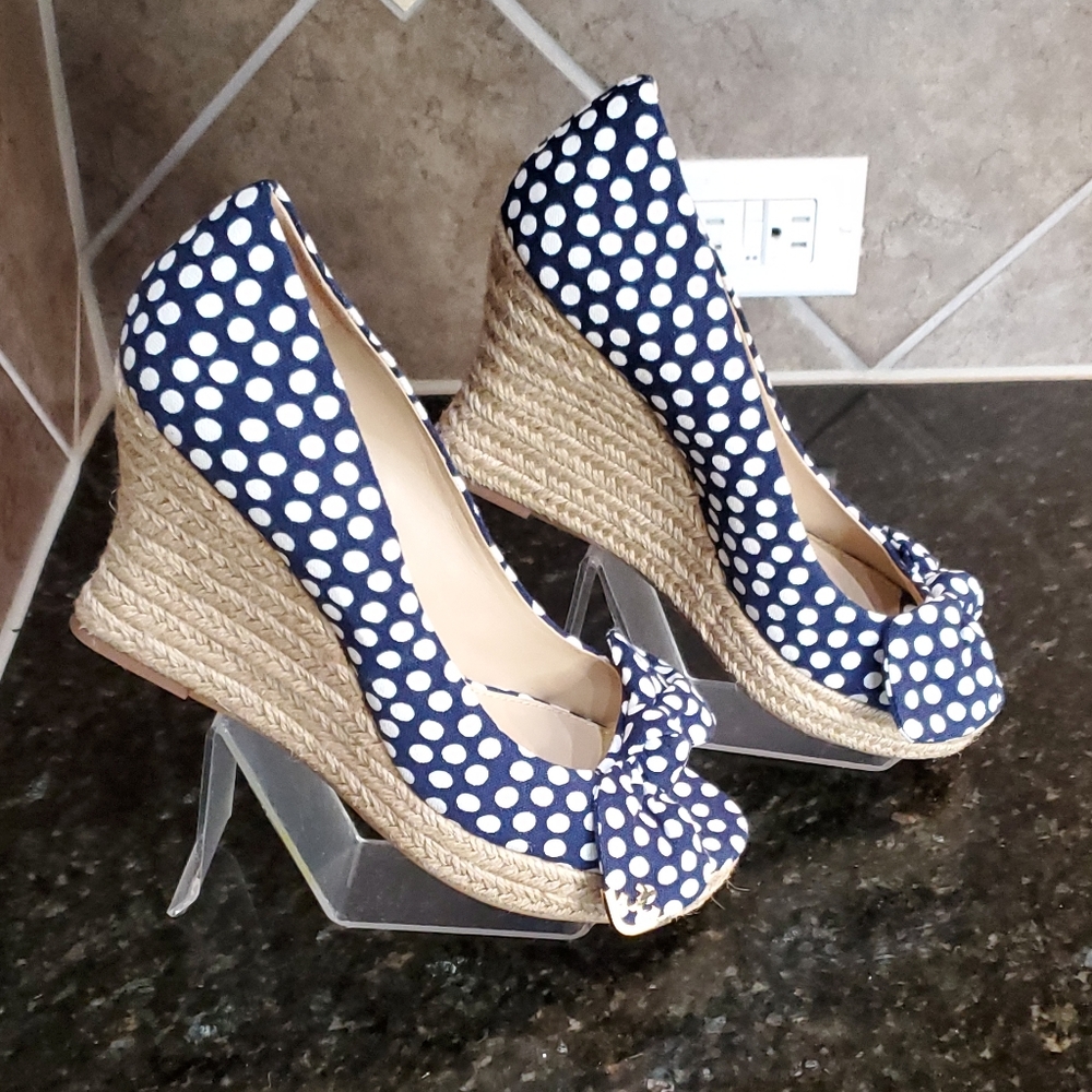 Tory Burch Blue and White Espadrille Wedges